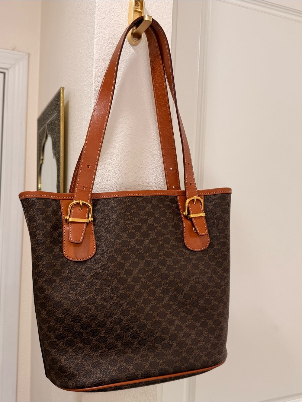 Celine MC98/2 Brown Monogram Tote with Tan Leather Trim - Picture 2 of 11